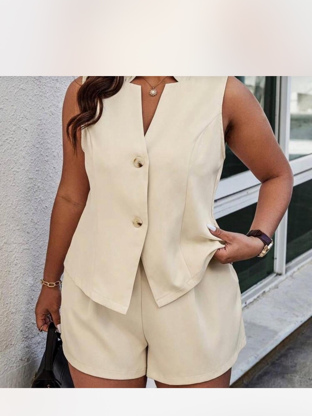 SHEIN Cream Sleeveless Tailored Vest & Shorts Set 1XL